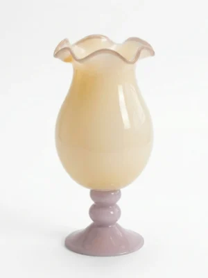 Cream Yellow & Lavender Ruffled Edge Footed Glass Vase